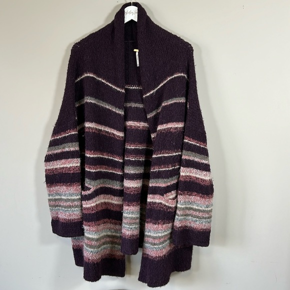 Free People Sweater Purple Striped Alpaca Wool Blend Cardigan Coat Sz M NEW - Picture 3 of 13